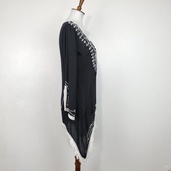 Scully Black White Boho Festival Western Rodeo Embroidered Fringe Tunic Size S - Picture 9 of 16